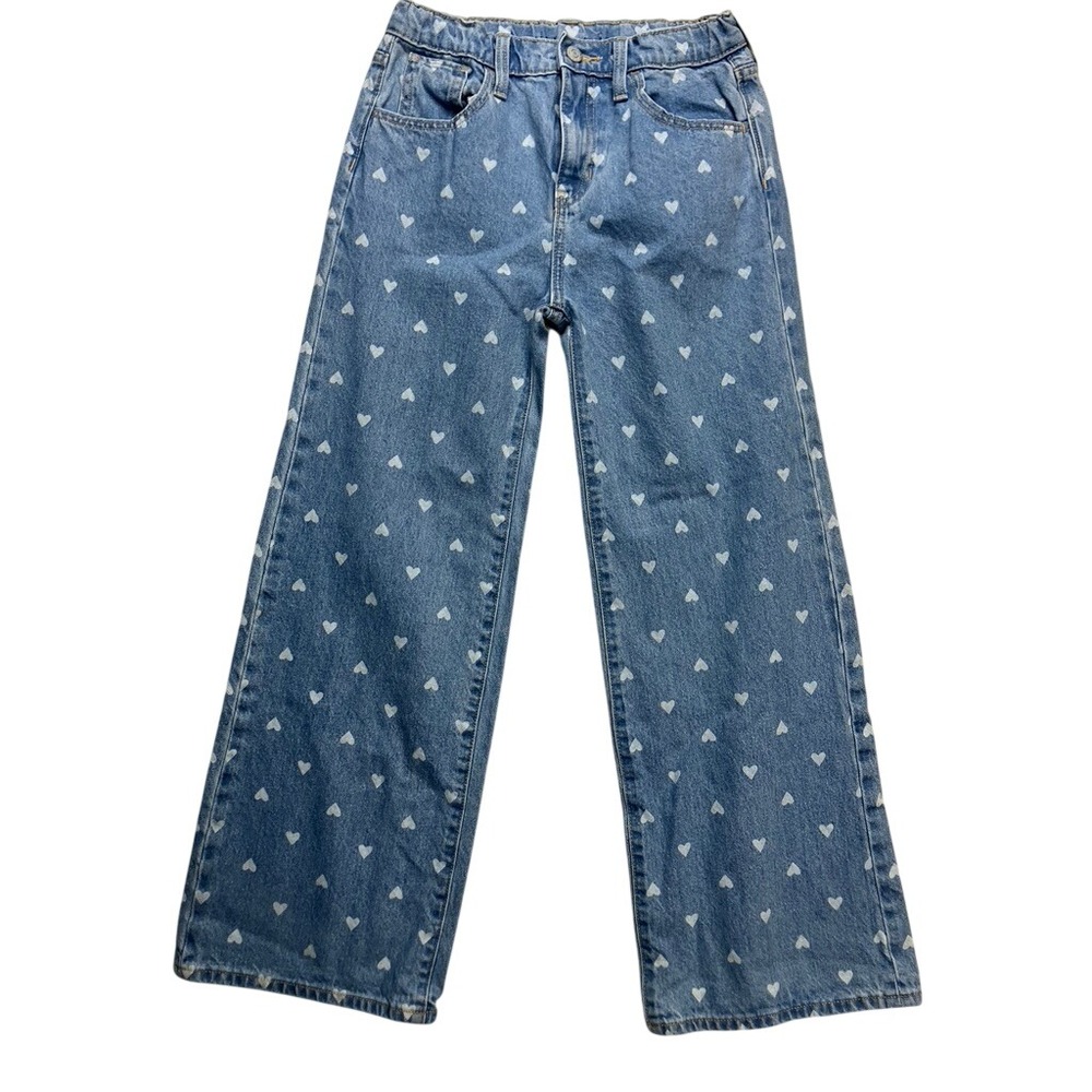 Old Navy Baggy Wide Leg Jeans Kids 14 Blue Heart Print High Rise Denim